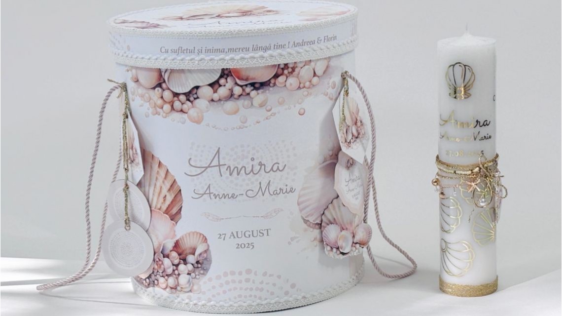 Lumânare botez cu scoici și folio gold – „Perle Aurii” 10